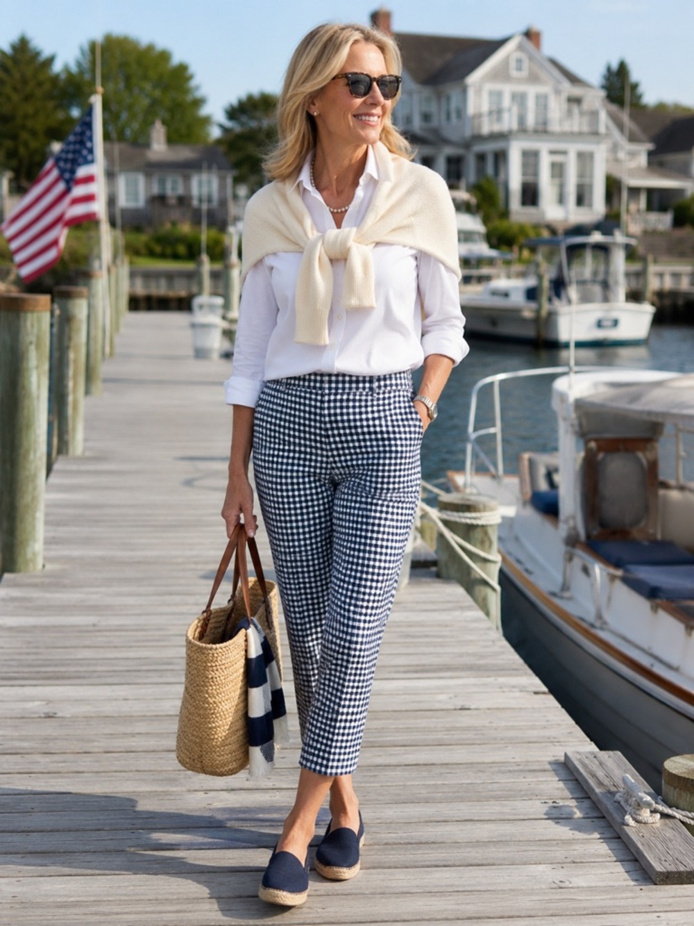 Talbots Perfect Crop Pants Navy White Gingham Check Cropped Pants 14 Coastal